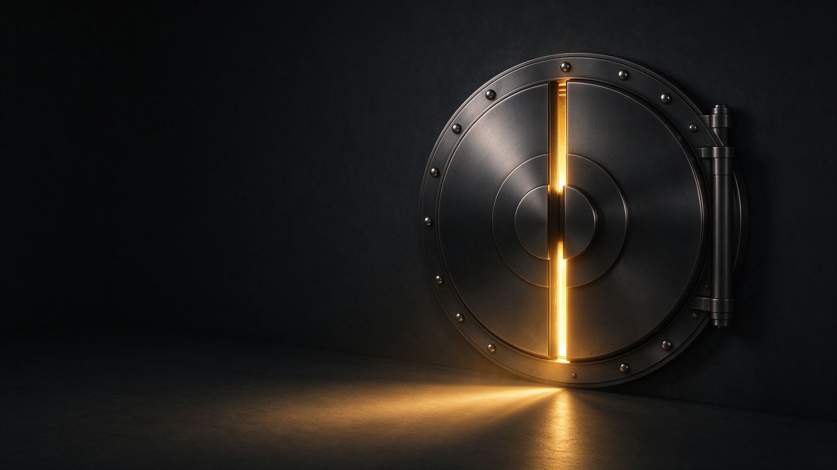 A vault door with warm golden light